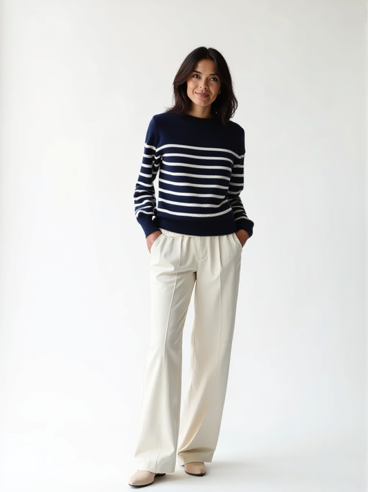 Pure Cashmere Striped Raglan Sleeve Sweater in Navy