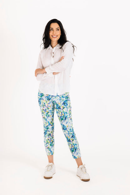 Side Zip Capri Pant in Blue Leaf Print