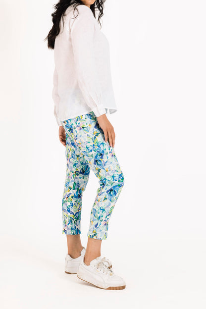 Side Zip Capri Pant in Blue Leaf Print