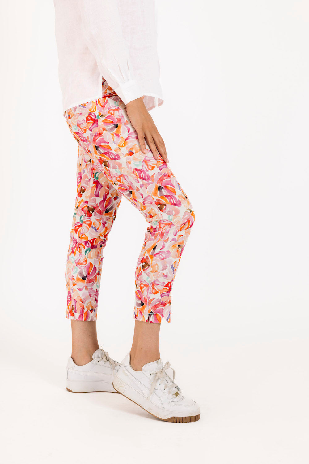 Side Zip Capri Pant in Pink Leaf Print