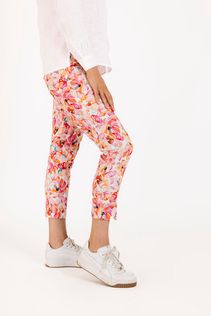 Side Zip Capri Pant in Pink Leaf Print