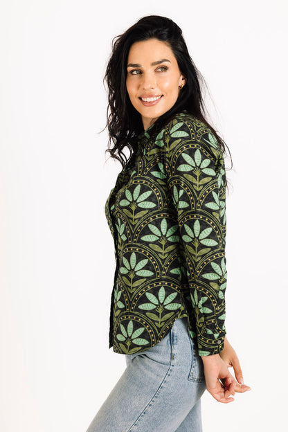 Printed Cotton Shirt in Green Geo Floral