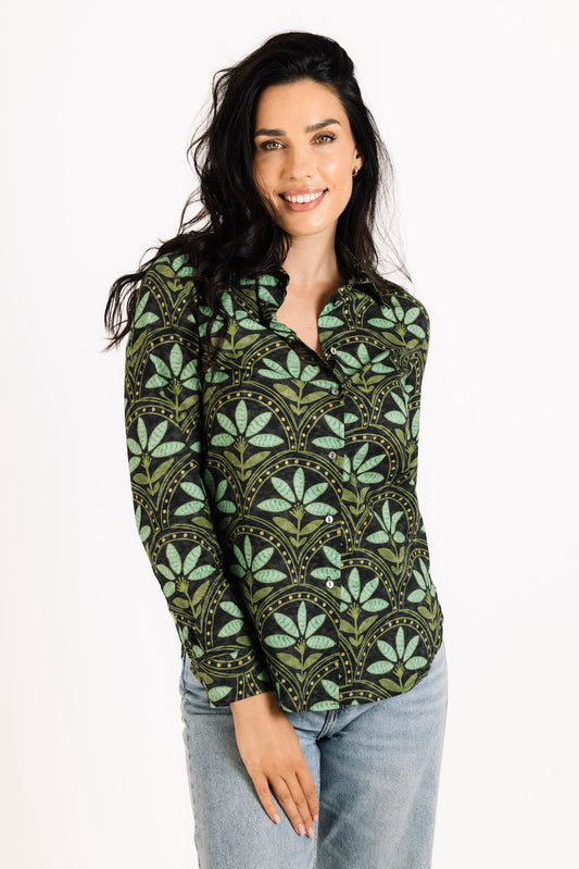 Printed Cotton Shirt in Green Geo Floral