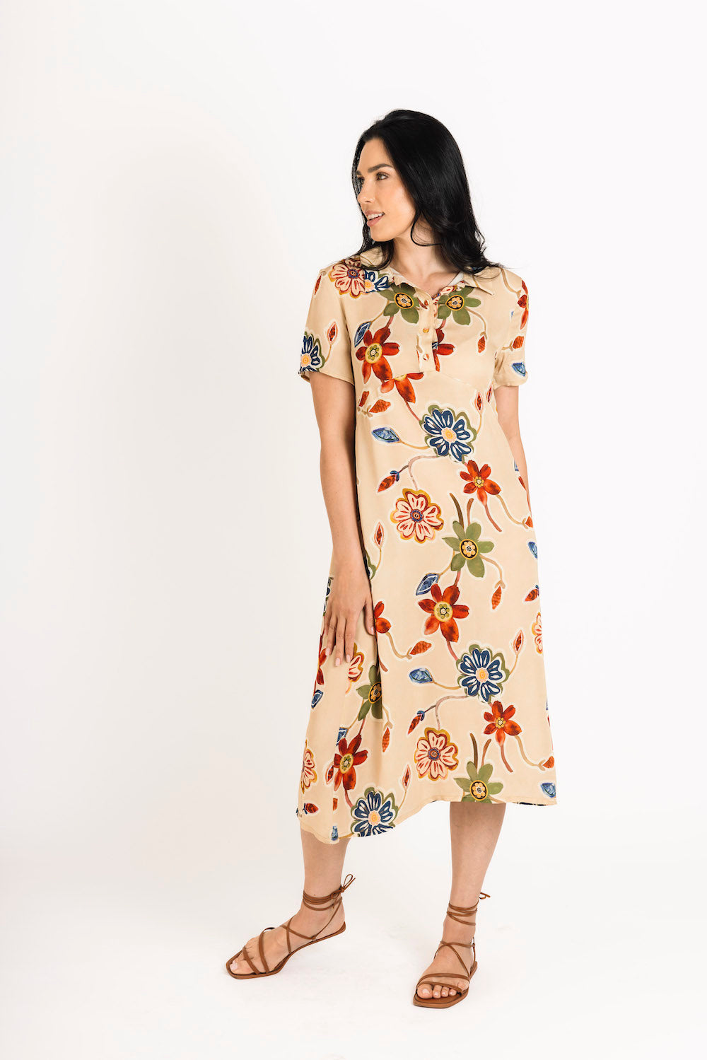 Short Sleeve Shirt Dress in Stone Daisy