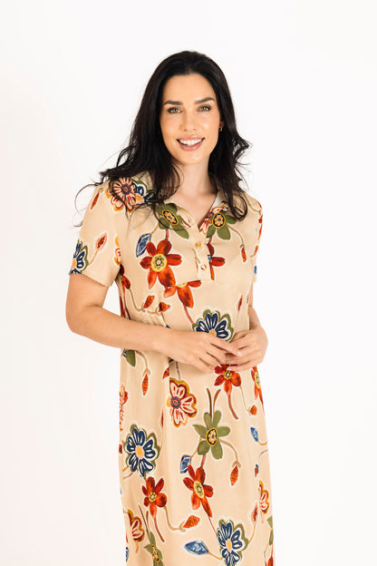 Short Sleeve Shirt Dress in Stone Daisy