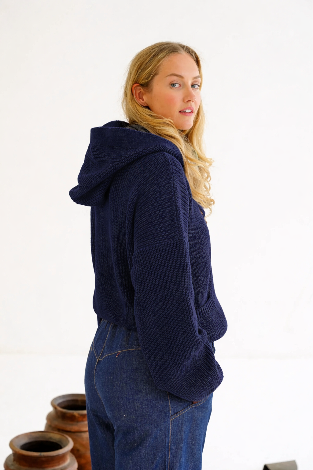 Rosemary Cotton Hooded Cardi in Midnight