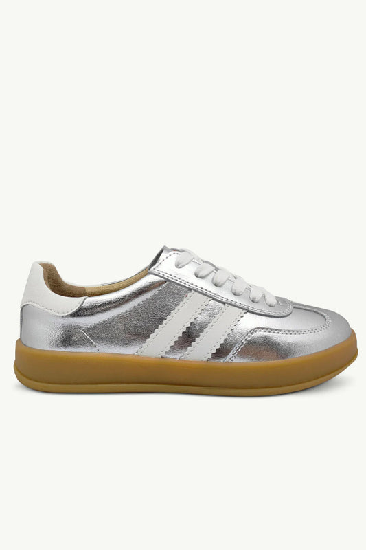 Julz Shiloh Sneakers in metallic silver leather with white stripes and gum sole