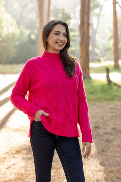 Trento Cable Knit Funnel Neck in Cerise Pink