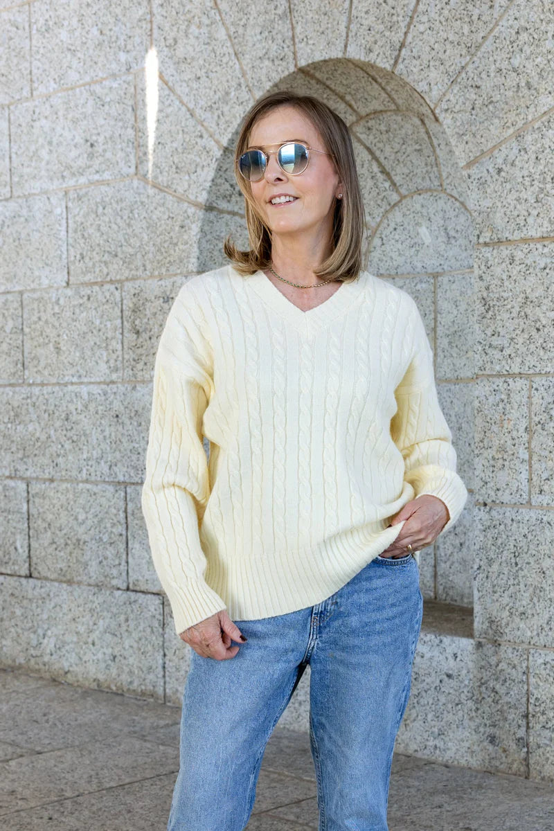Slick Brentwood V-Neck Cable Knit in Butter
