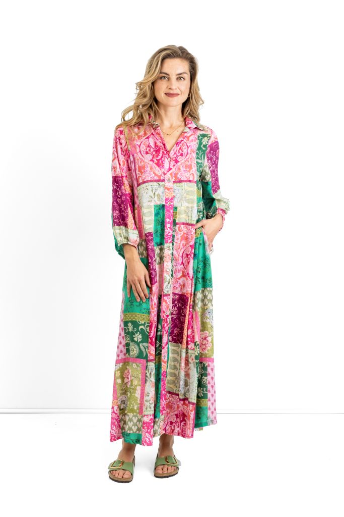 Emily Long Button Through Dress in Block Blooms