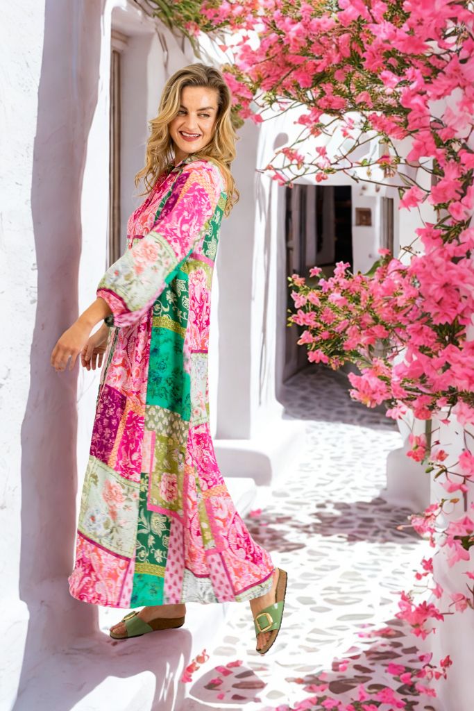 Emily Long Button Through Dress in Block Blooms