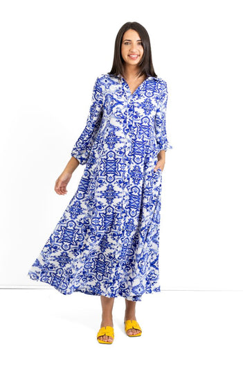 Emily Long Button Through Dress in Capri Blues