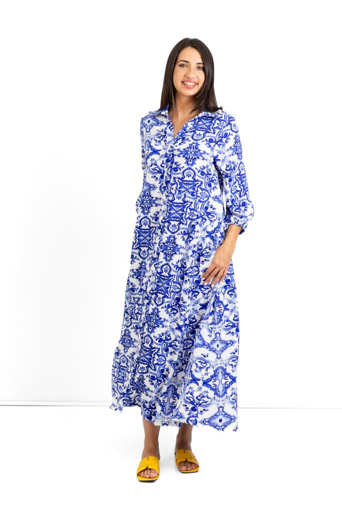 Emily Long Button Through Dress in Capri Blues