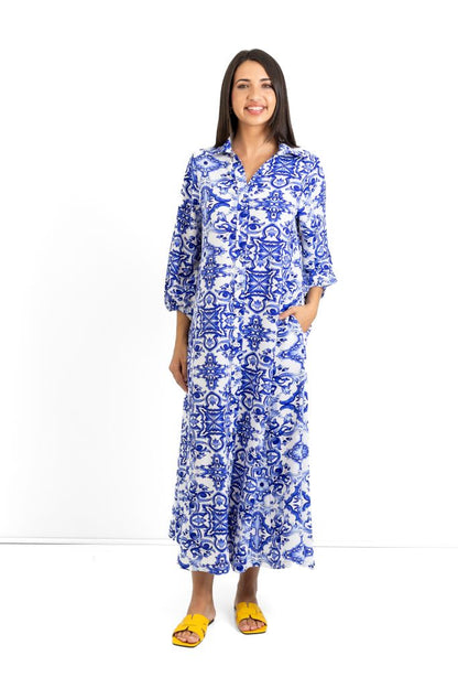 Emily Long Button Through Dress in Capri Blues