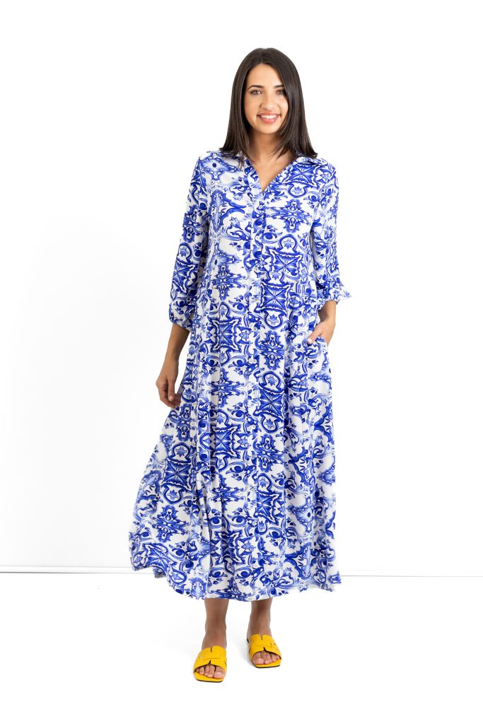 Emily Long Button Through Dress in Capri Blues