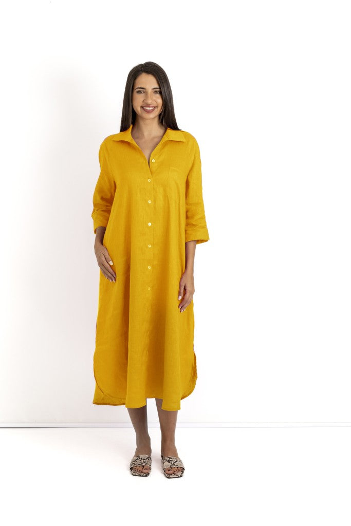Giselle Linen Button Through Dress in Mustard