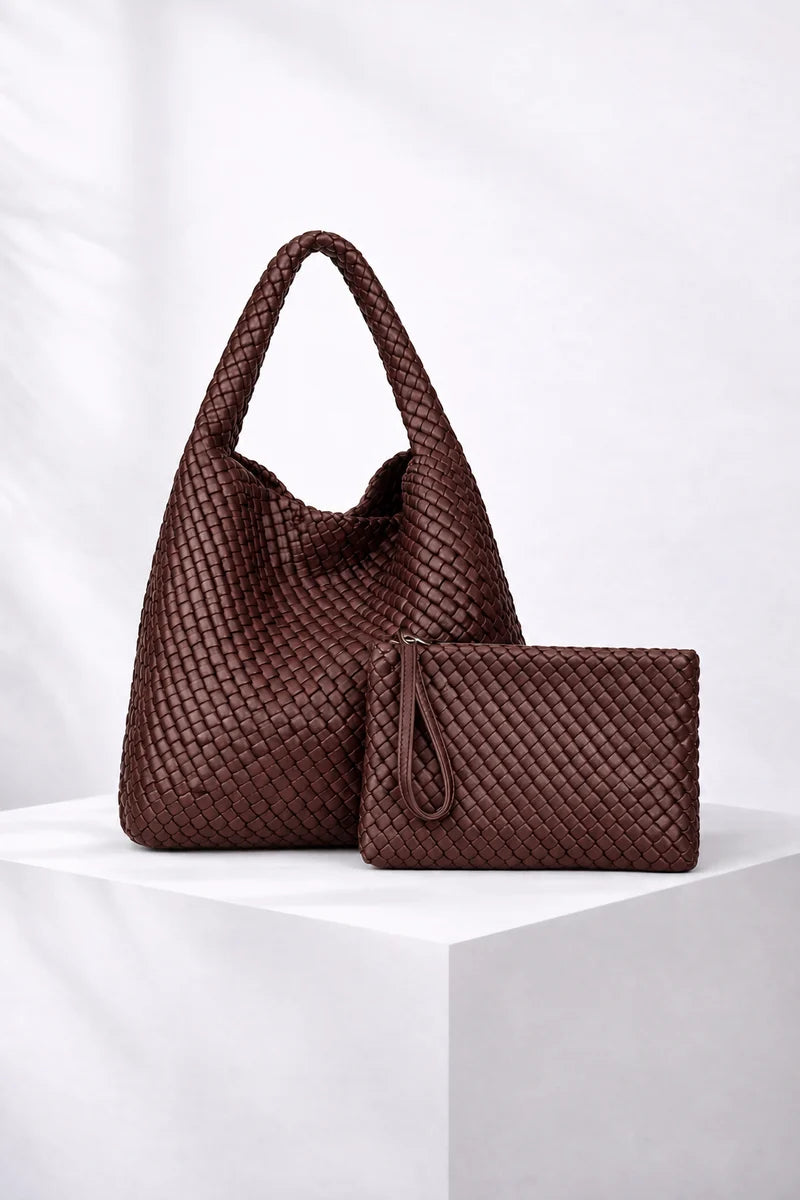 Jourdan Plaited Large Vegan Handbag in Chocolate
