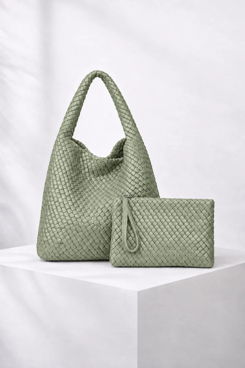 Jourdan Plaited Large Vegan Handbag in Sage