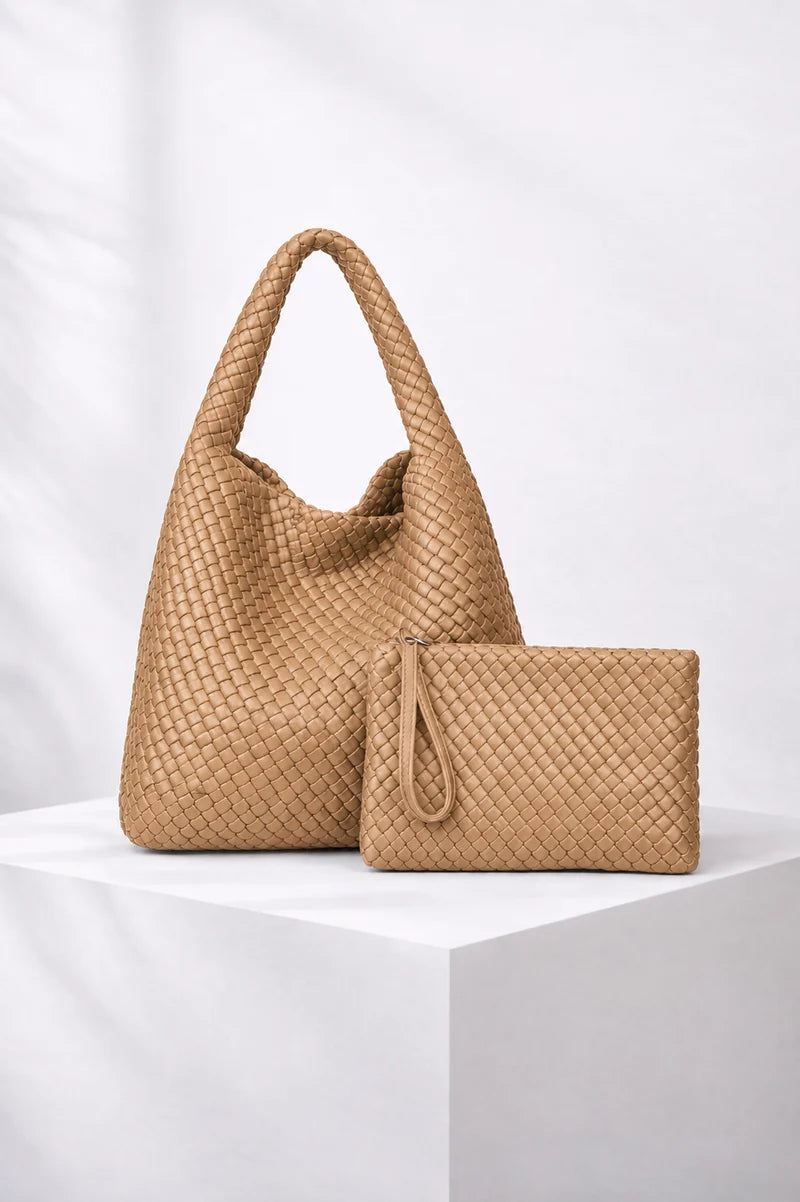 Jourdan Plaited Large Vegan Handbag in Tan