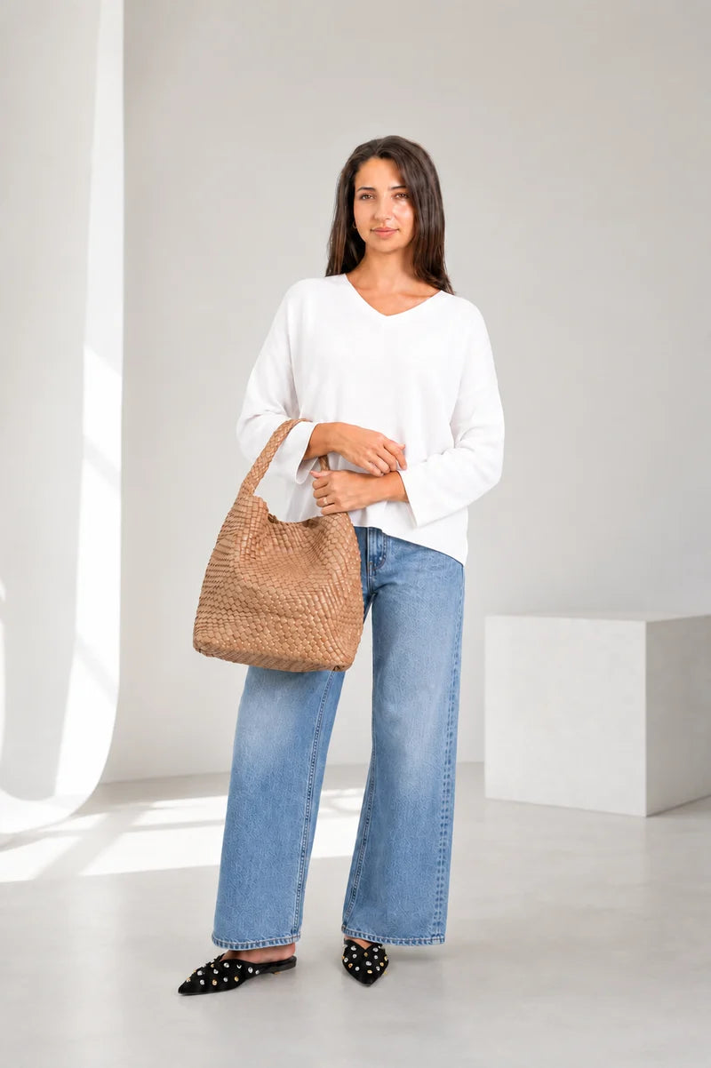 Jourdan Plaited Large Vegan Handbag in Tan