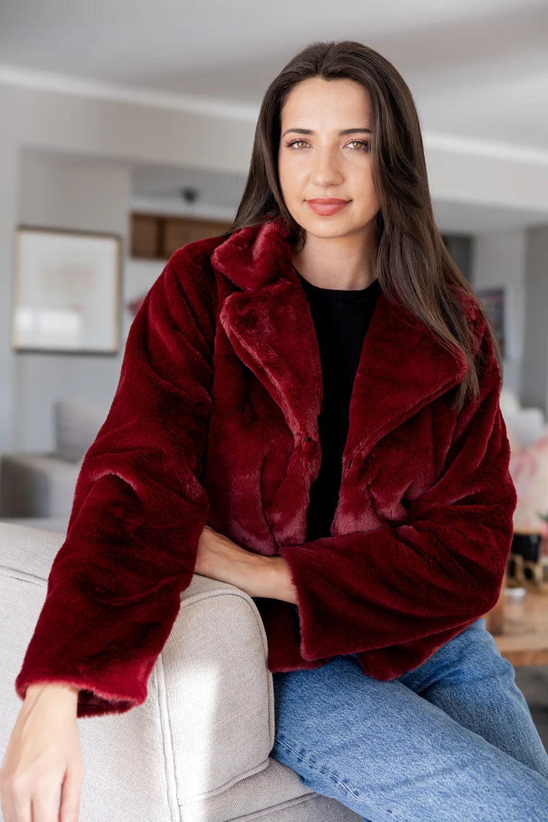 Prato Lined Fur Jacket & Shawl Collar in Bordeaux