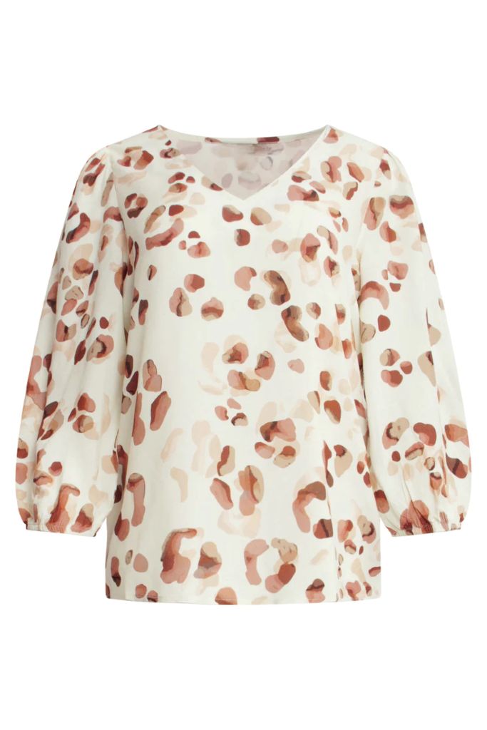  Smashed Lemon White blouse with brown leopard print on a white background