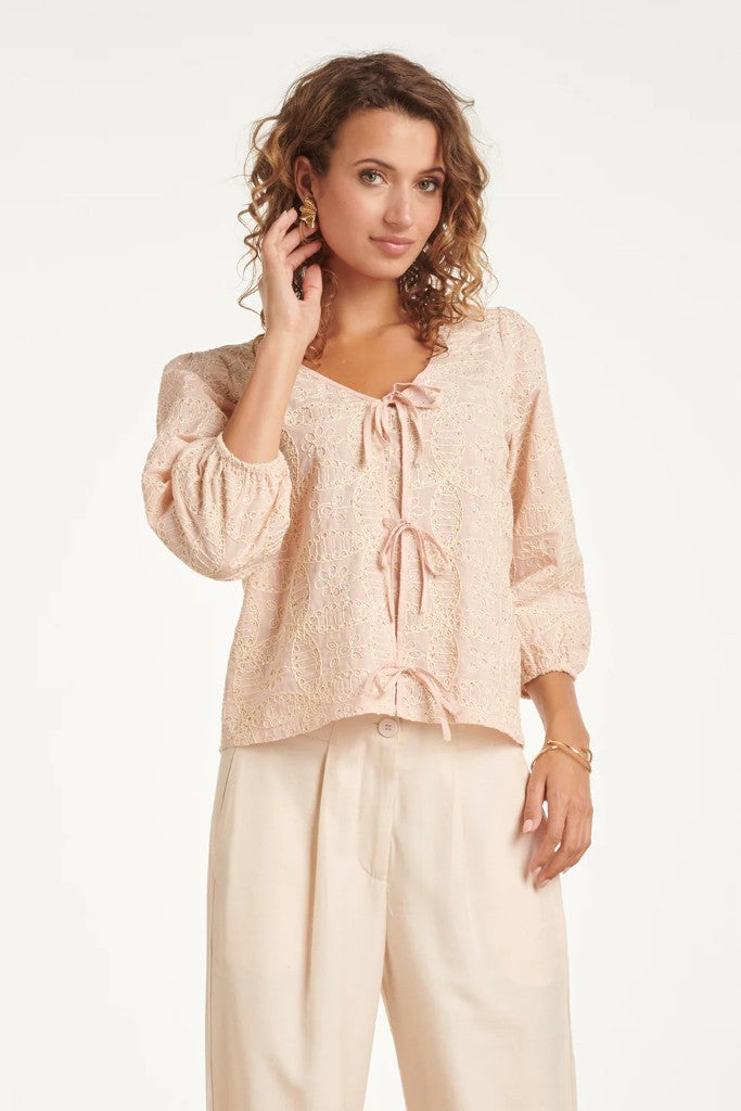Bow Tie Front Top in Baby Pink & Off White