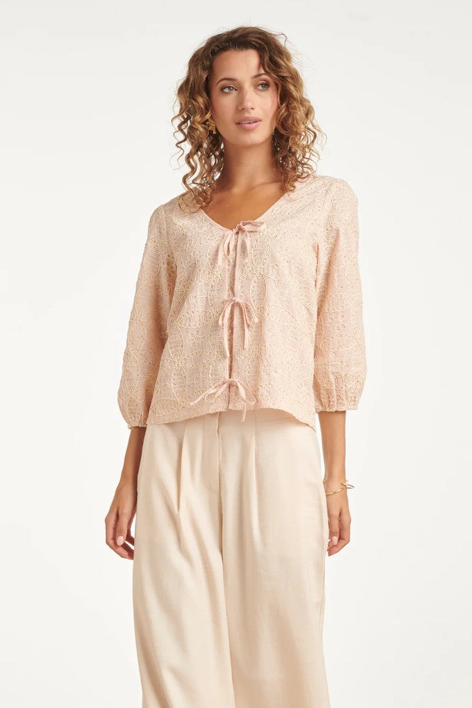 Bow Tie Front Top in Baby Pink & Off White