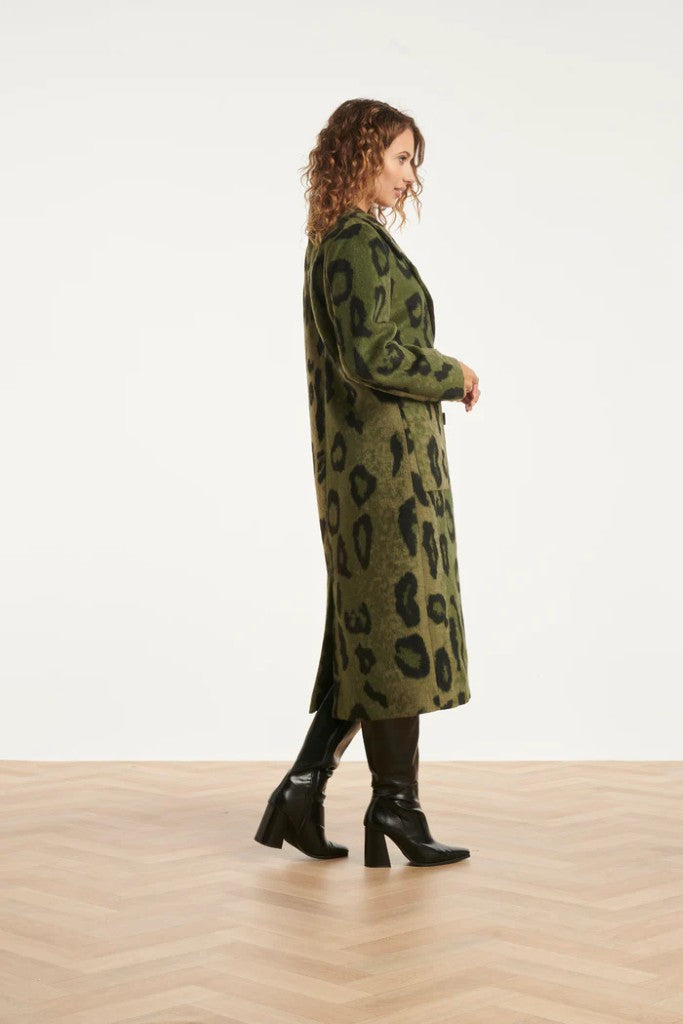 Long Animal Print Coat in Black / Army