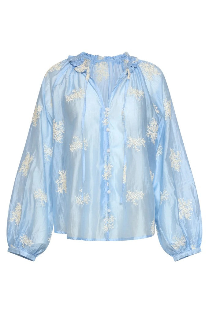 Ruffle Collar Silk Blouse in Light Blue