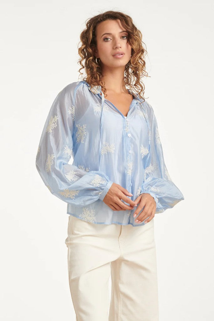 Ruffle Collar Silk Blouse in Light Blue