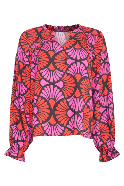 Ruffled Sleeve Printed Top in Red & Fuchsia