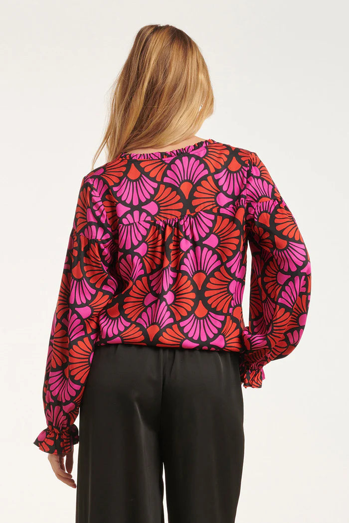 Ruffled Sleeve Printed Top in Red & Fuchsia