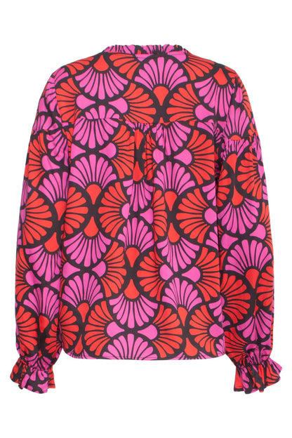 Ruffled Sleeve Printed Top in Red & Fuchsia