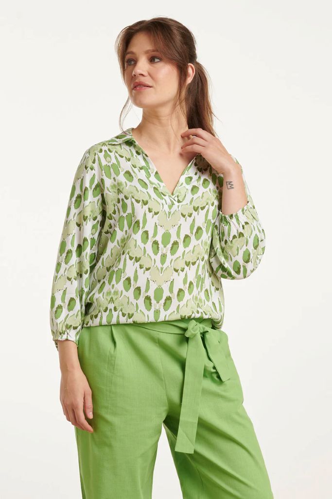 V-Neck Printed Blouse in White / Light Green