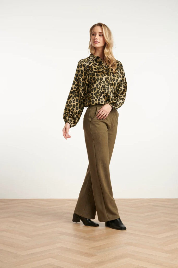 Wide Leg Velour Look Pants in Army