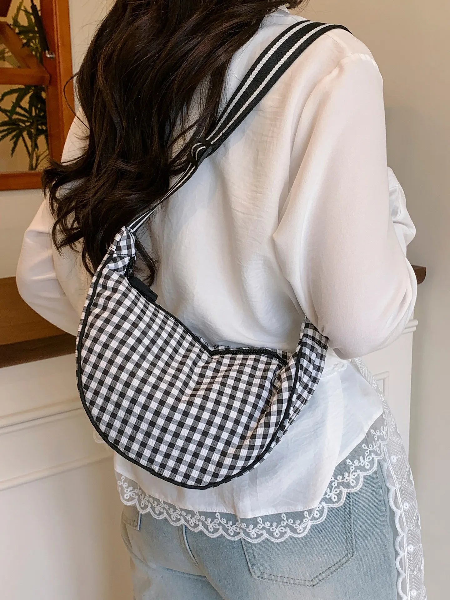 Half Moon Gingham Bag in Black & White
