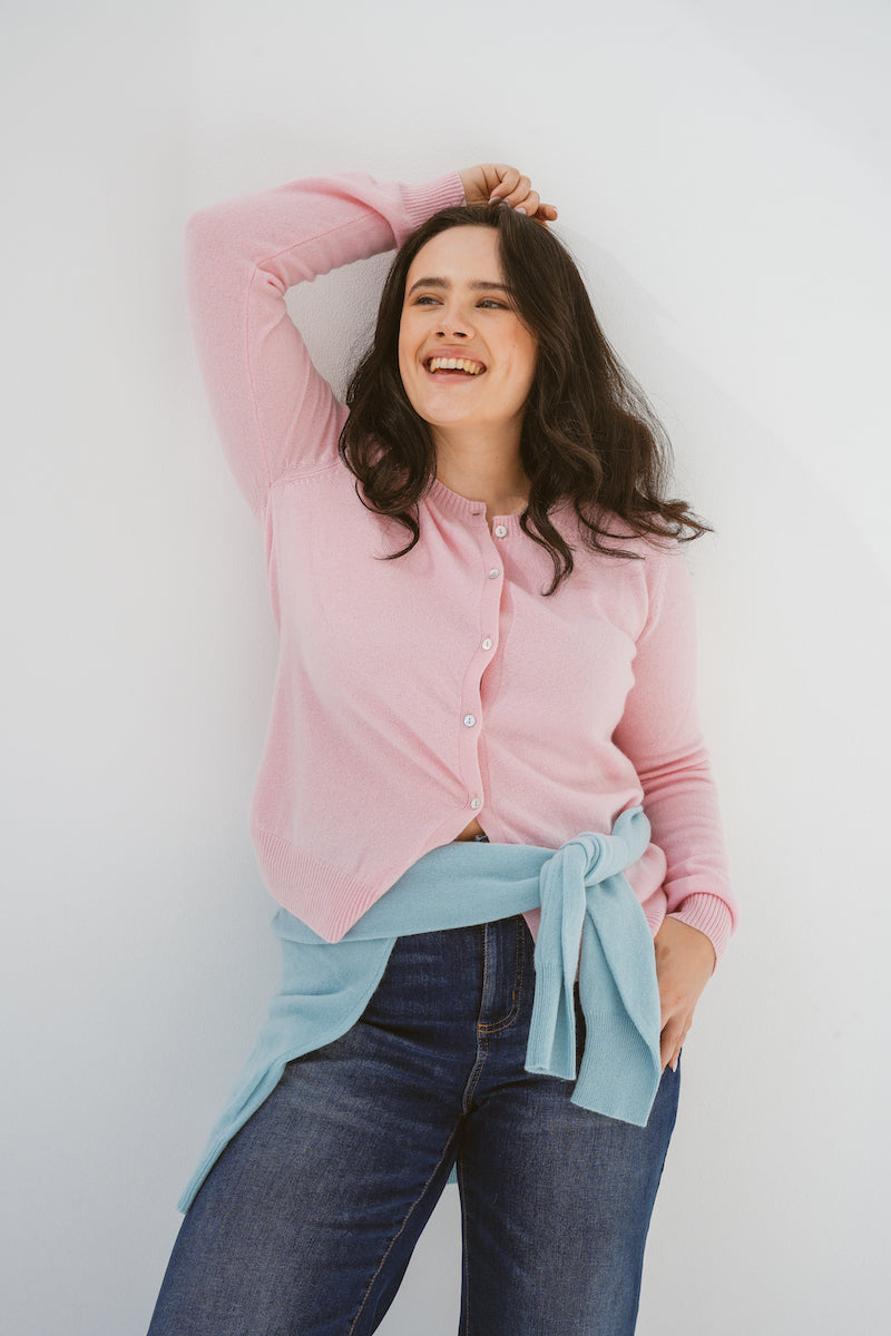 Pure Cashmere Classic Crew Cardigan in Ballet Pink