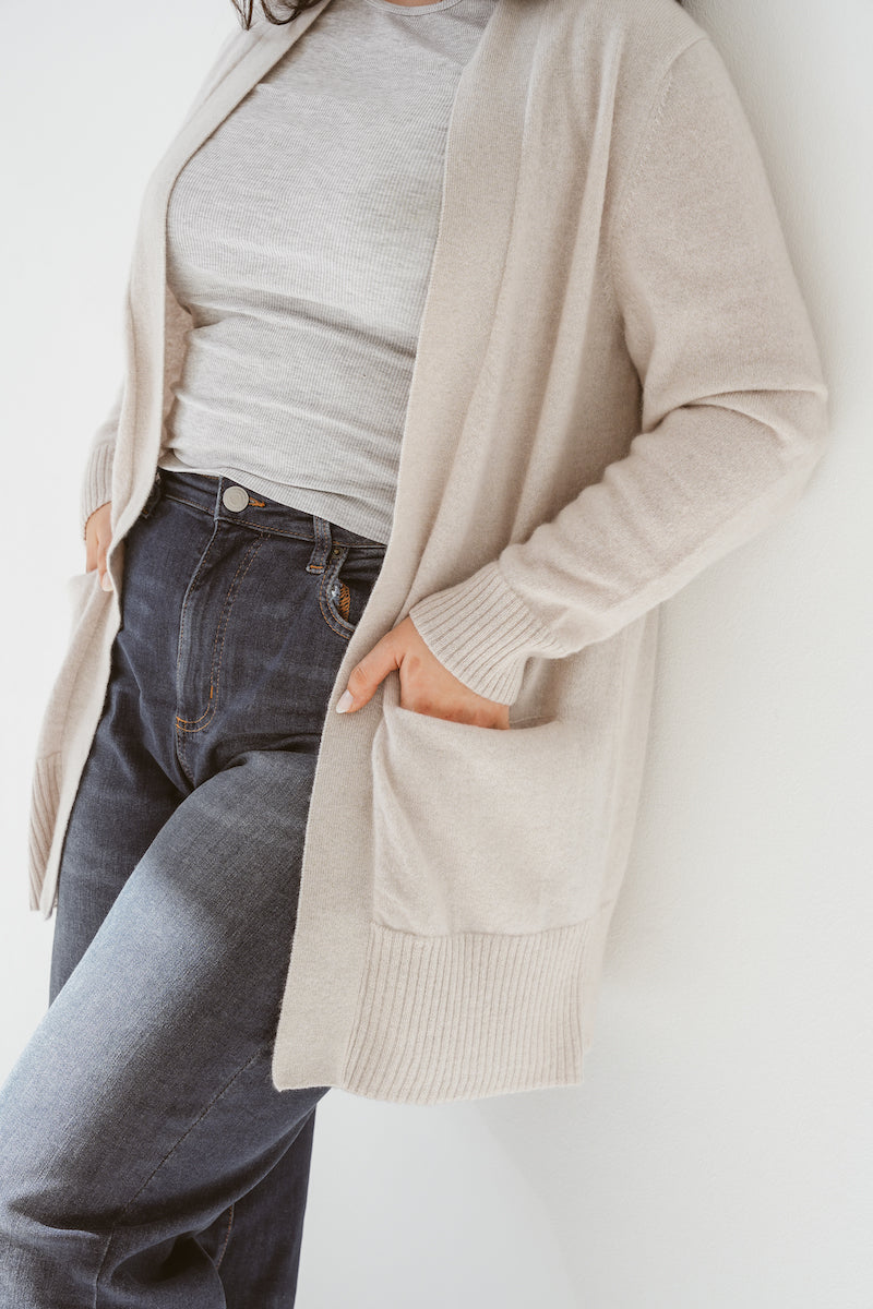 Pure Cashmere Open Front Cardigan in Albatross
