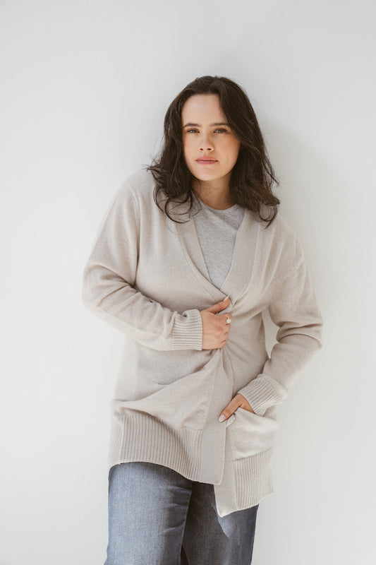 Pure Cashmere Open Front Cardigan in Albatross