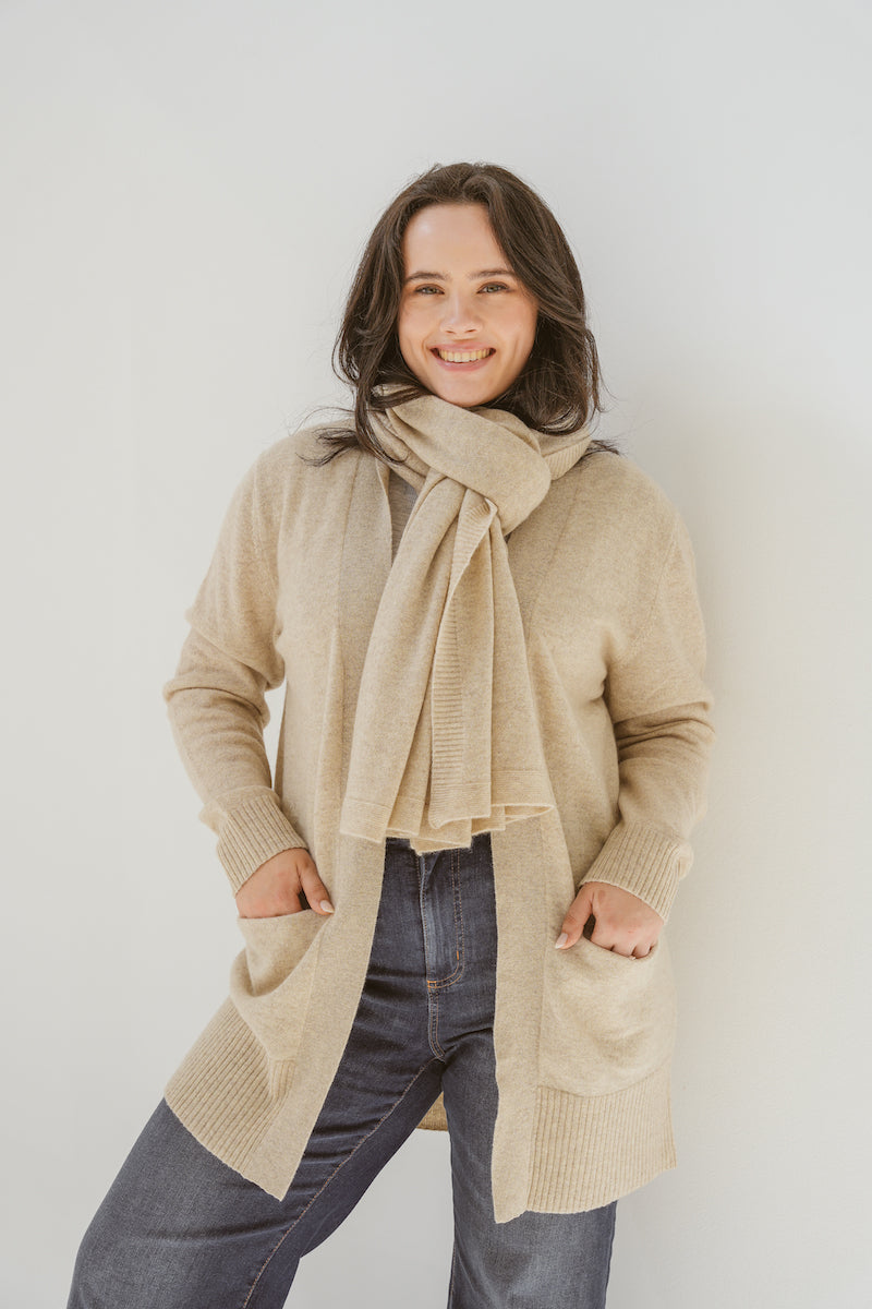 Pure Cashmere Open Front Cardigan in Toast