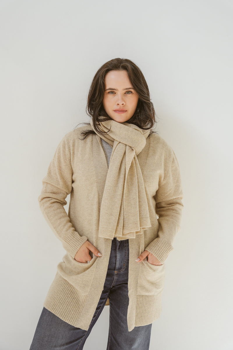 Pure Cashmere Open Front Cardigan in Toast