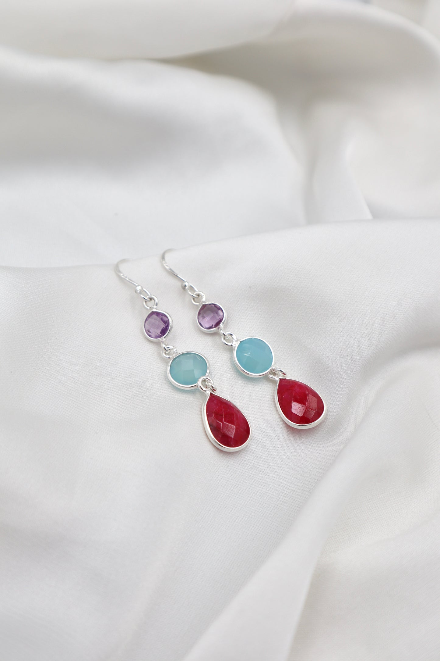 Sterling Silver 3 Stone Hanging Earrings