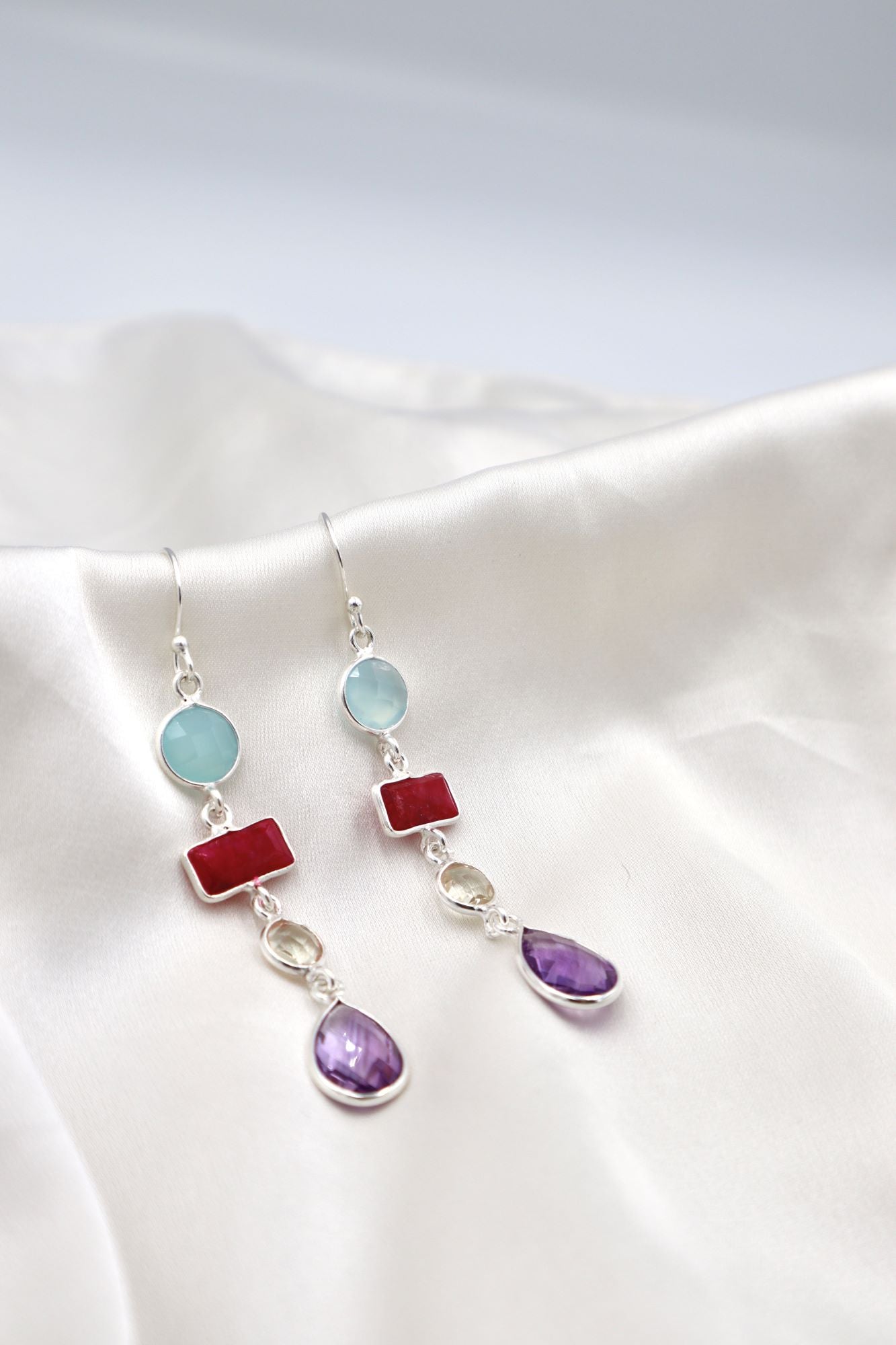 Sterling Silver 4 Stone Hanging Earrings