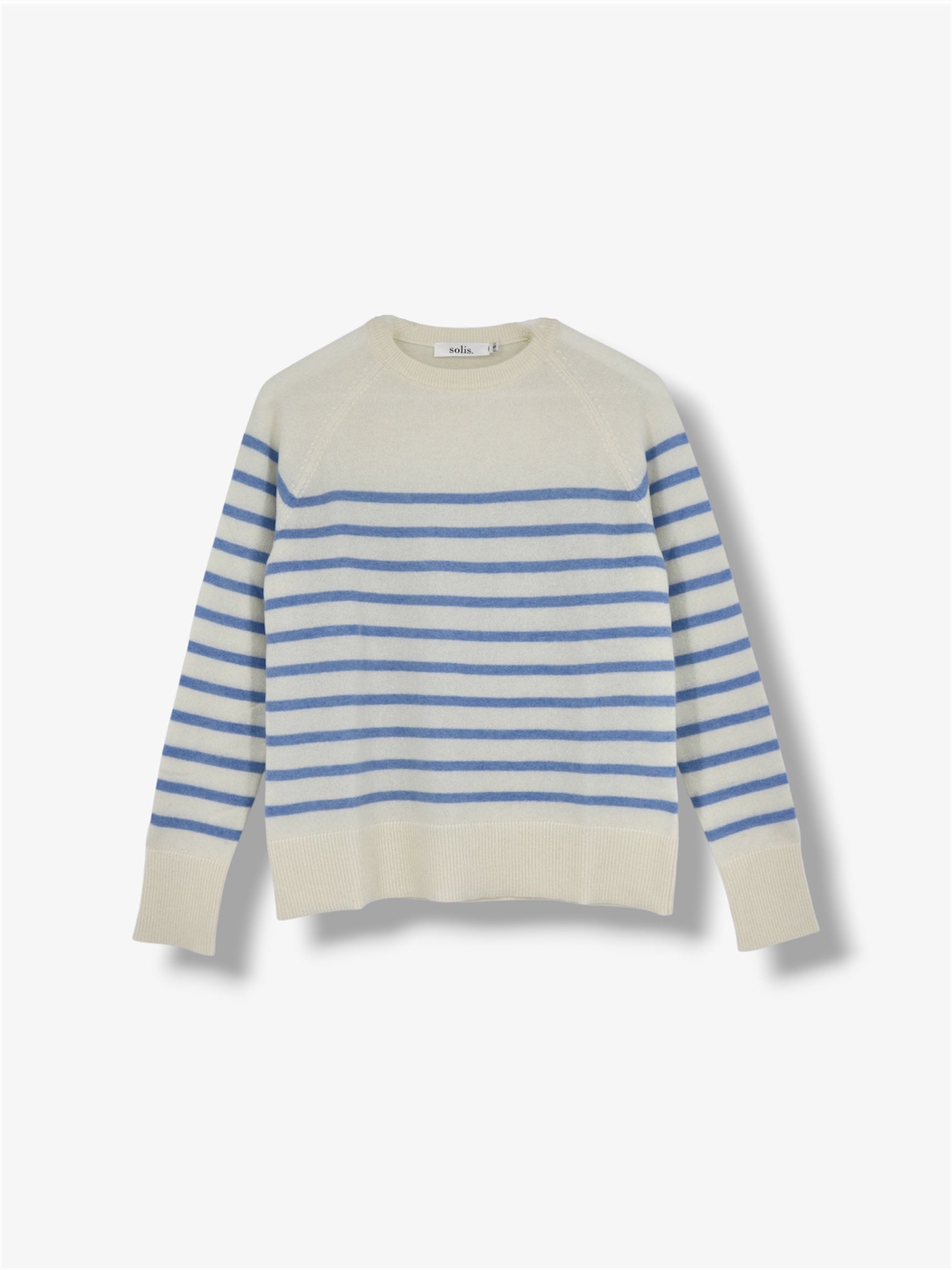 Cashmere Raglan Stripe Jumper in Eco White / Cerulean