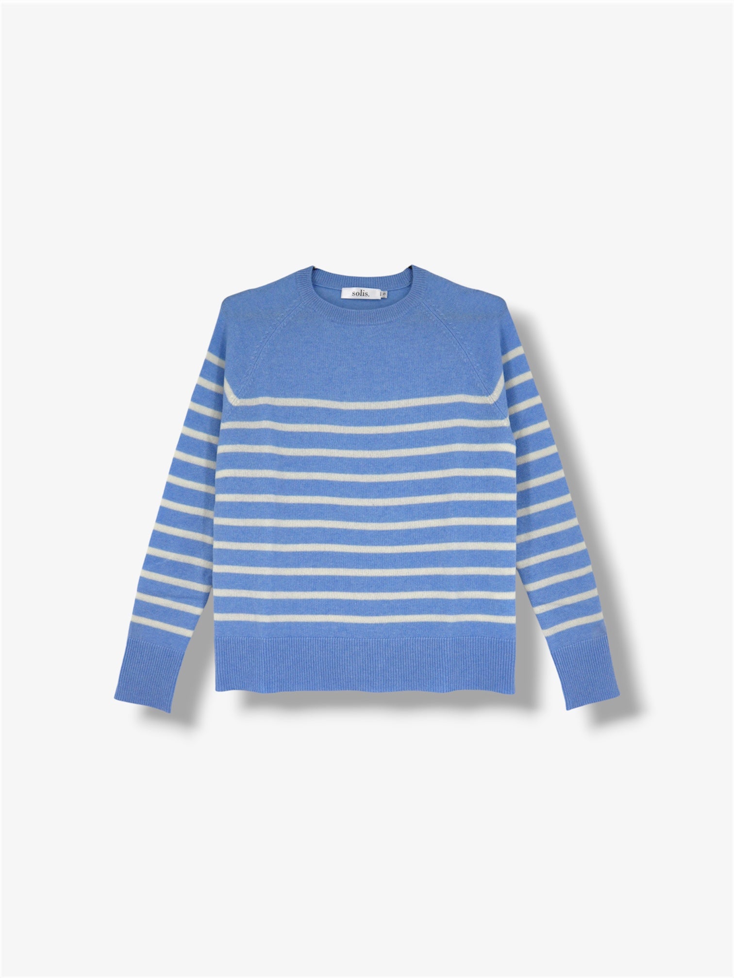 Cashmere Raglan Stripe Jumper in Cerulean Blue / Eco White