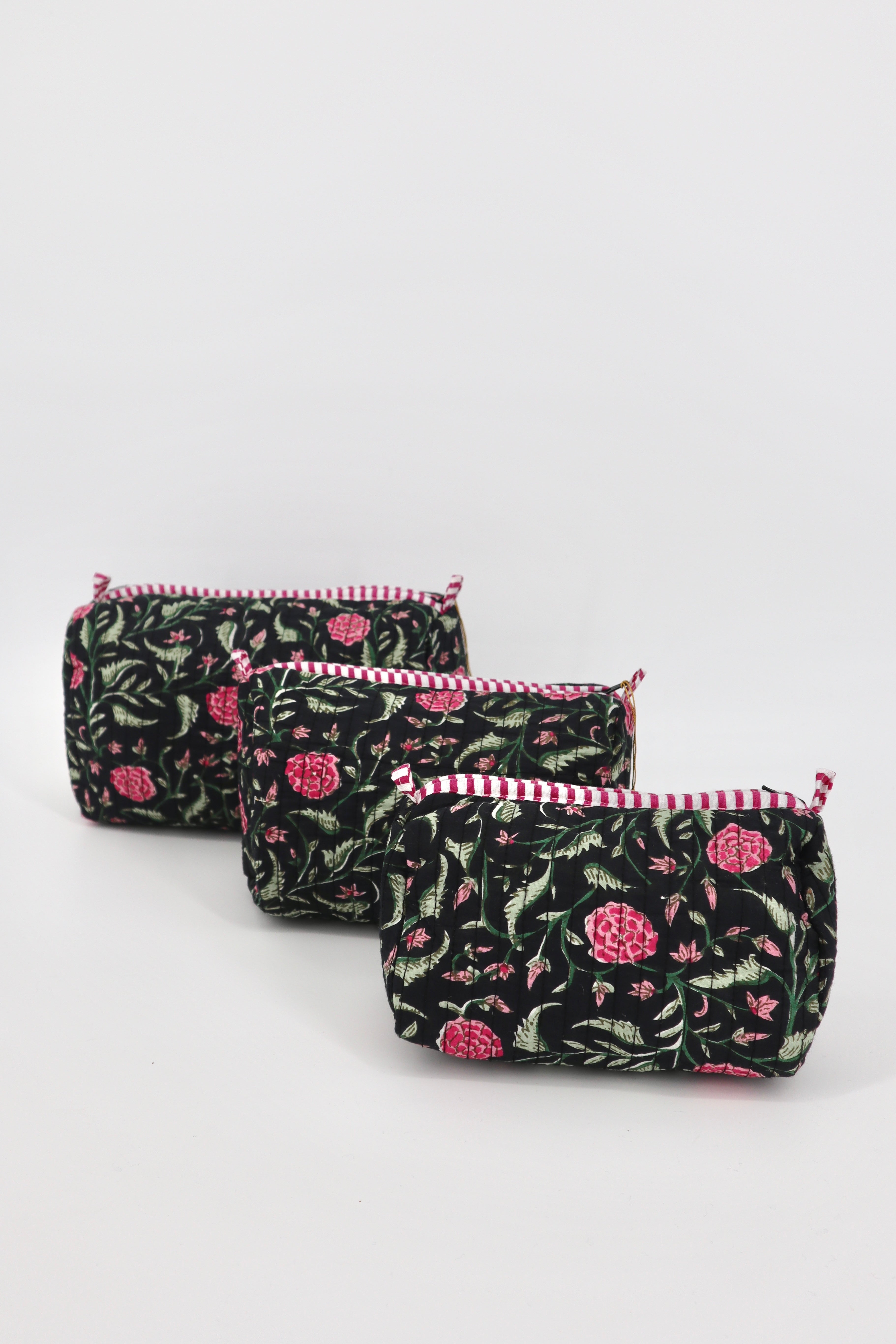 Indian Cotton Quilted Toiletry Bag in Black Floral