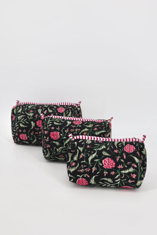 Indian Cotton Quilted Toiletry Bag in Black Floral