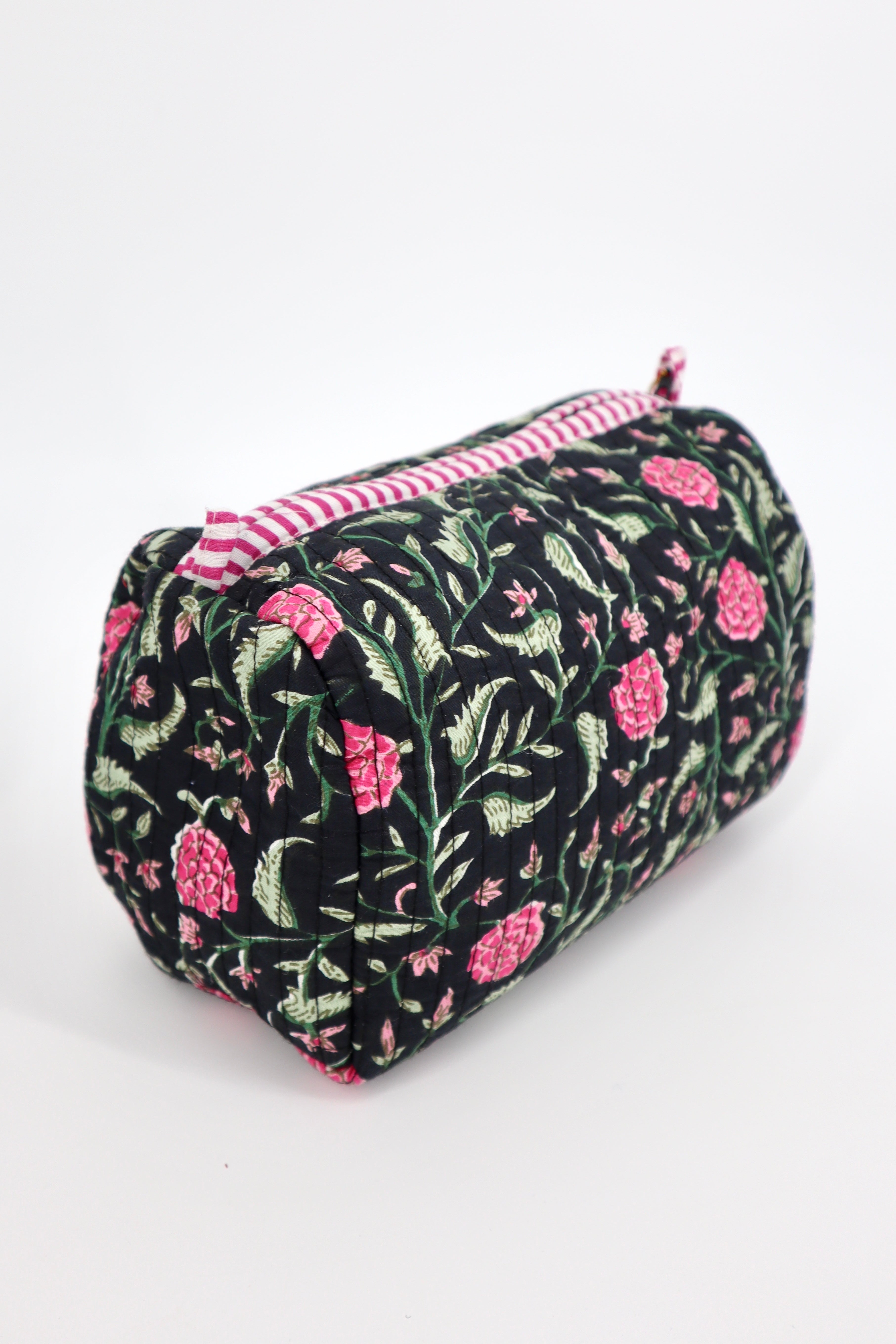 Indian Cotton Quilted Toiletry Bag in Black Floral