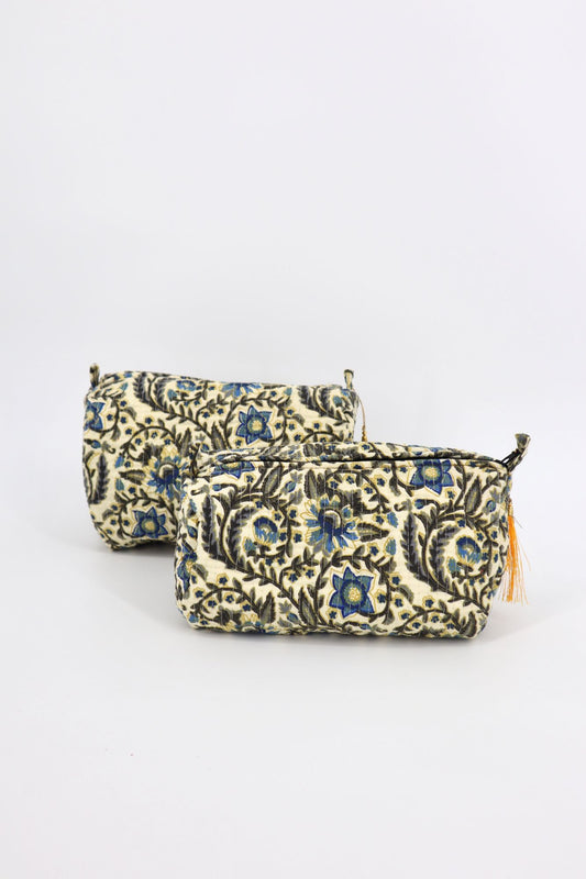 Indian Cotton Quilted Toiletry Bag in Black Vines